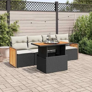 5-delige Loungeset met kussens poly rattan acacia zwart 5-delige Loungeset met kussens poly rattan acacia zwart