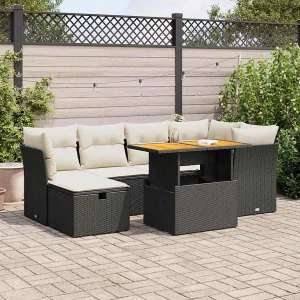 7-delige Loungeset met kussens poly rattan acacia zwart 7-delige Loungeset met kussens poly rattan acacia zwart