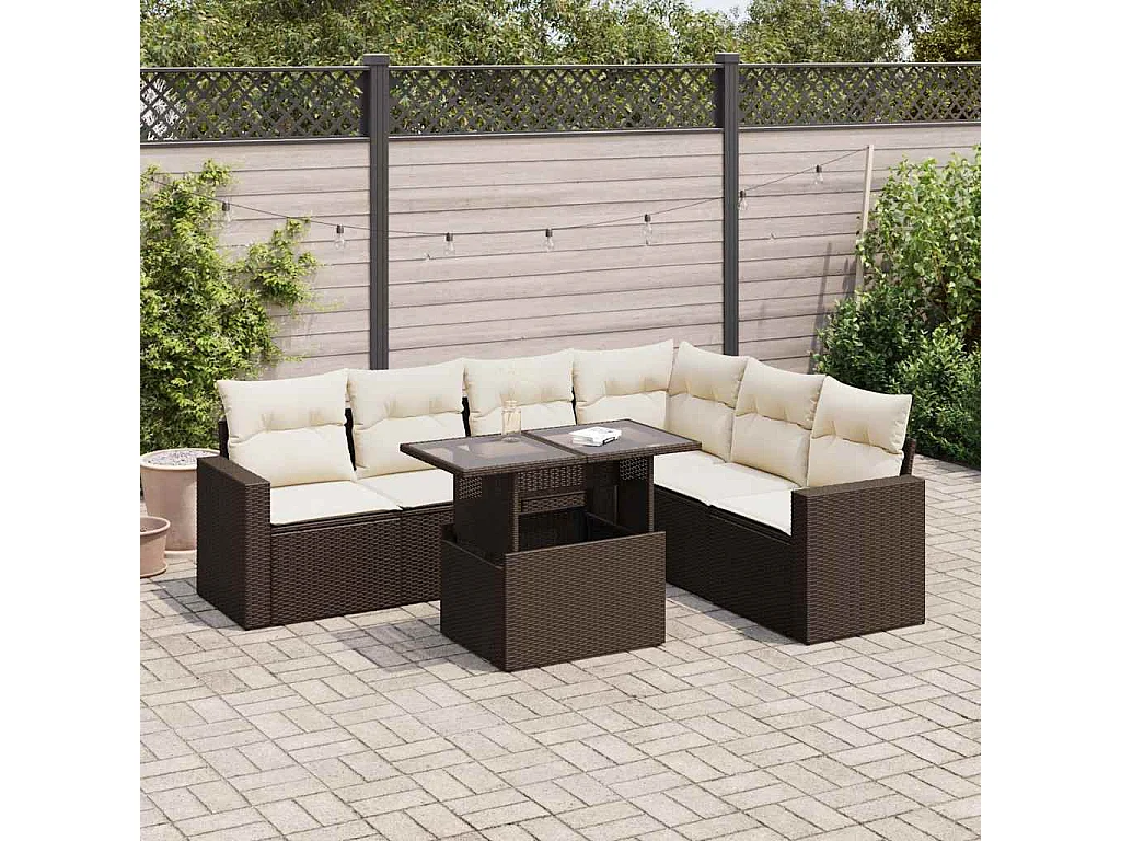 7-delige Loungeset met kussens poly rattan bruin