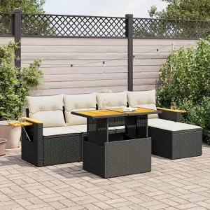 6-delige Loungeset met kussens poly rattan acacia zwart 6-delige Loungeset met kussens poly rattan acacia zwart