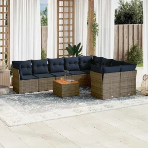 10-delige Loungeset met kussens poly rattan grijs
