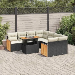 9-delige Loungeset met kussens poly rattan acacia zwart 9-delige Loungeset met kussens poly rattan acacia zwart