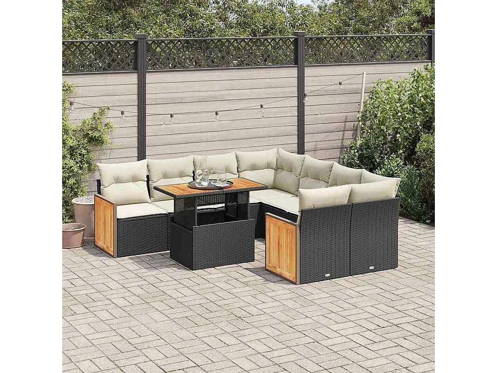 9-delige Loungeset met kussens poly rattan acacia zwart