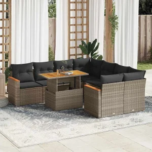 9-delige Loungeset met kussens poly rattan acacia grijs 9-delige Loungeset met kussens poly rattan acacia grijs