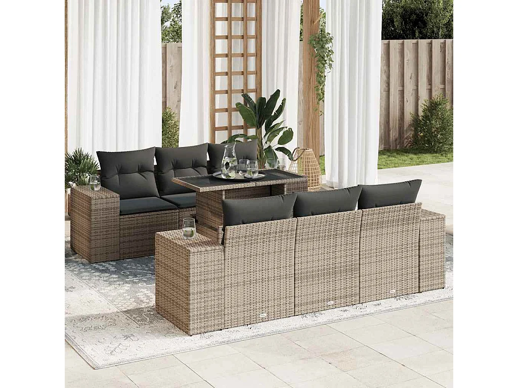 7-delige Loungeset met kussens poly rattan grijs