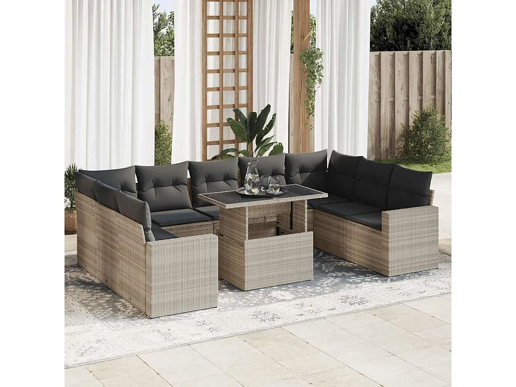 10-delige Loungeset met kussens poly rattan lichtgrijs
