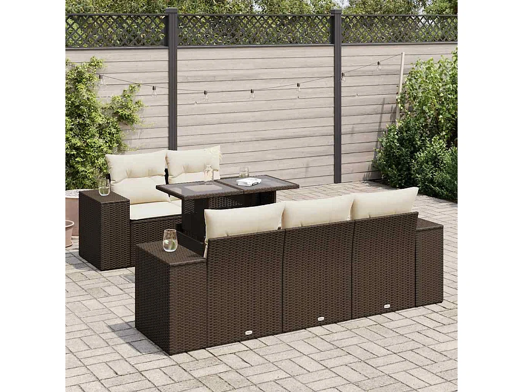6-delige Loungeset met kussens poly rattan bruin