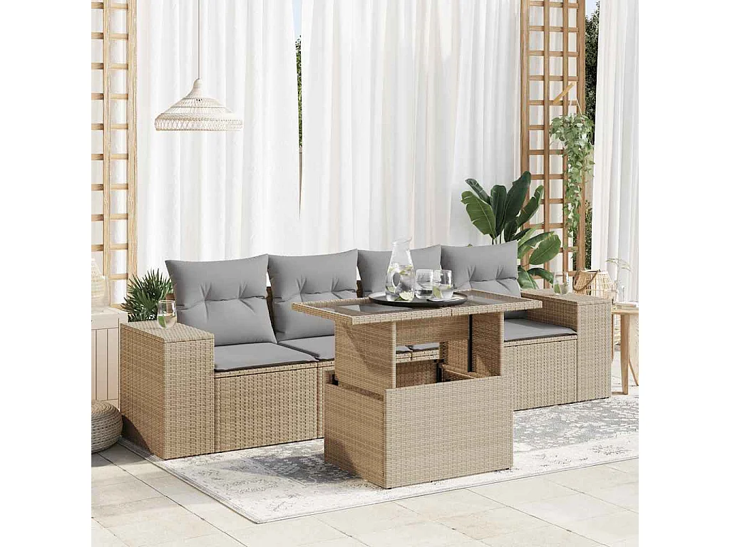 5-delige Loungeset met kussens poly rattan beige