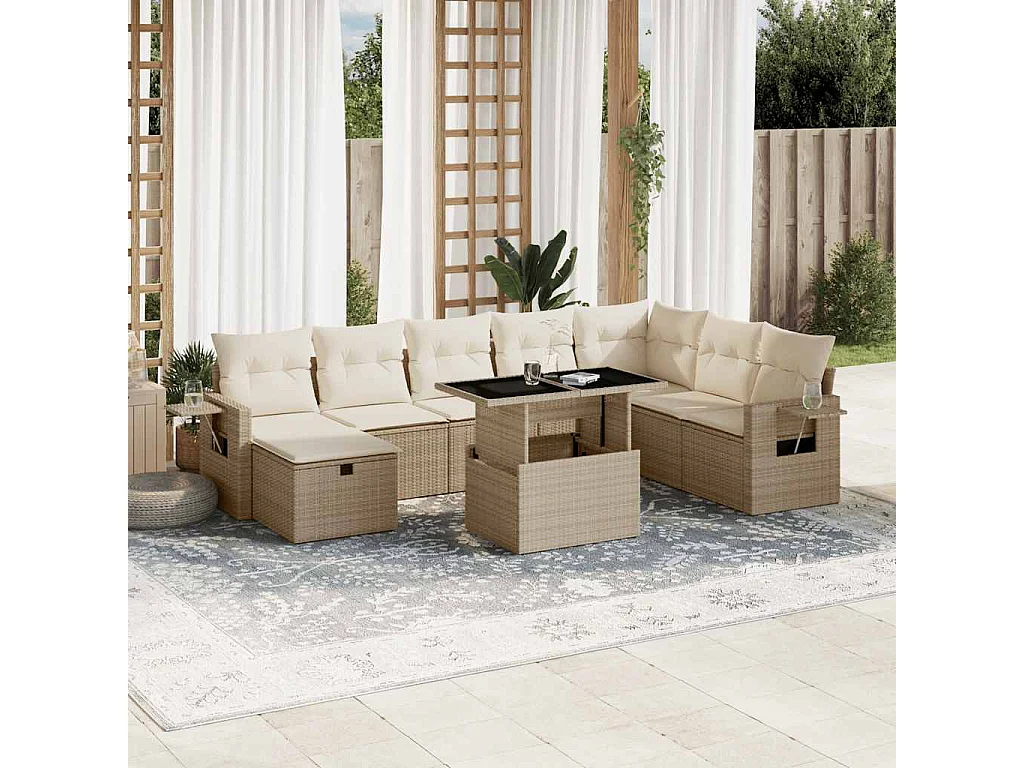 9-delige Loungeset met kussens poly rattan beige