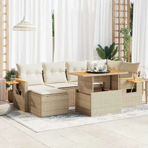 7-delige Loungeset met kussens poly rattan acacia beige 7-delige Loungeset met kussens poly rattan acacia beige