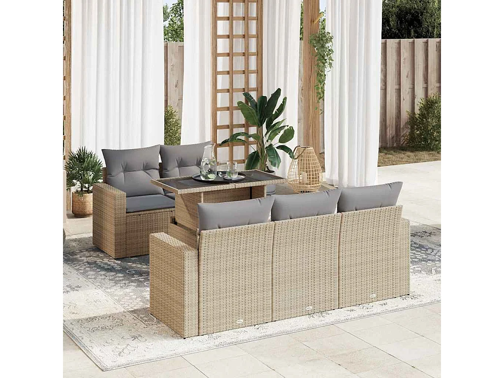 6-delige Loungeset met kussens poly rattan beige