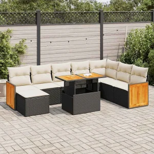 9-delige Loungeset met kussens poly rattan acacia zwart 9-delige Loungeset met kussens poly rattan acacia zwart