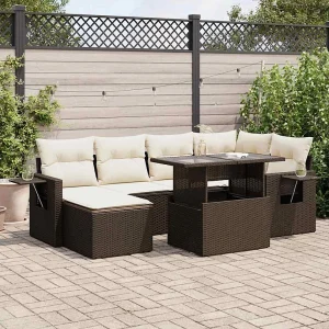 7-delige Loungeset met kussens poly rattan bruin 7-delige Loungeset met kussens poly rattan bruin