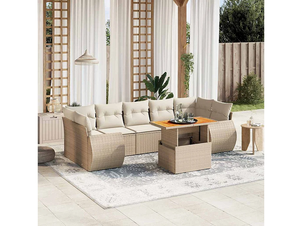 8-delige Loungeset met kussens poly rattan beige