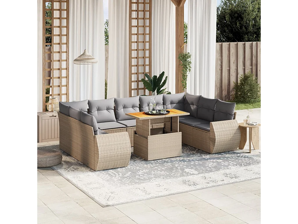 10-delige Loungeset met kussens poly rattan beige