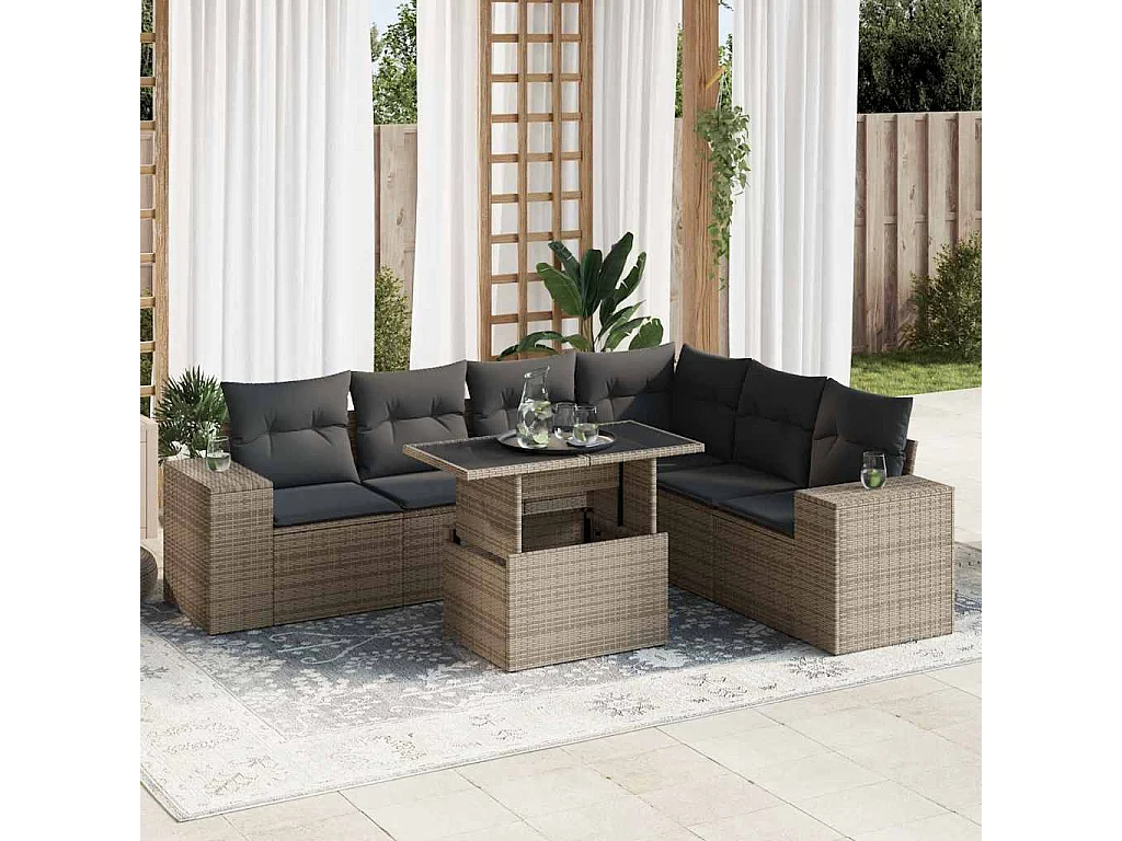 7-delige Loungeset met kussens poly rattan grijs