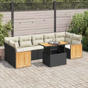 8-delige Loungeset met kussens poly rattan acacia zwart 8-delige Loungeset met kussens poly rattan acacia zwart