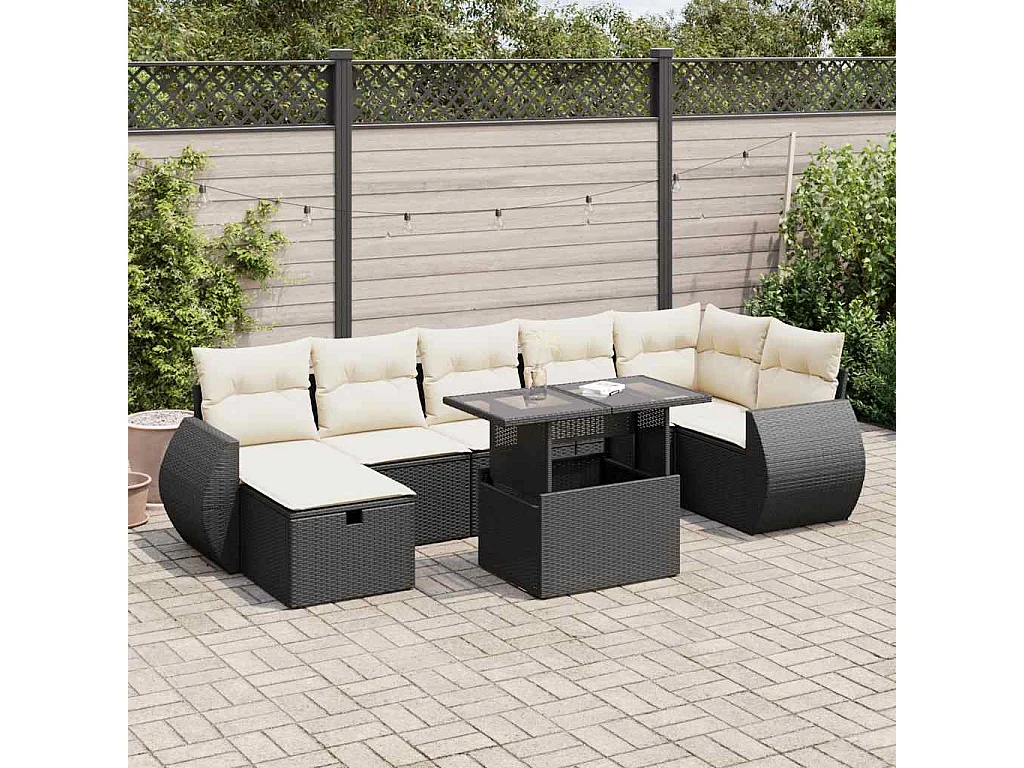 8-delige Loungeset met kussens poly rattan zwart
