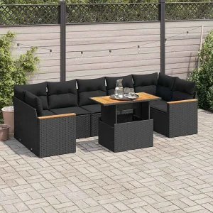 8-delige Loungeset met kussens poly rattan acacia zwart 8-delige Loungeset met kussens poly rattan acacia zwart