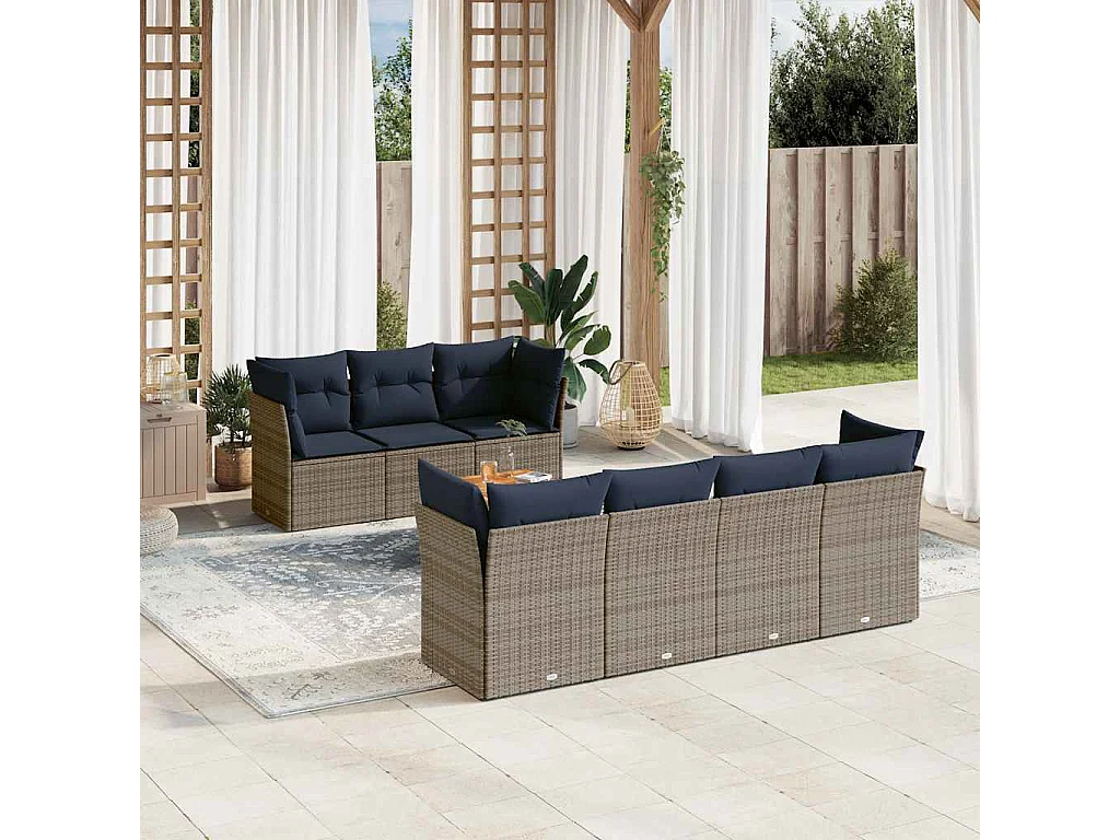 8-delige Loungeset met kussens poly rattan grijs