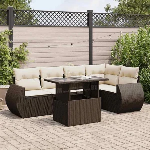 6-delige Loungeset met kussens poly rattan bruin 6-delige Loungeset met kussens poly rattan bruin