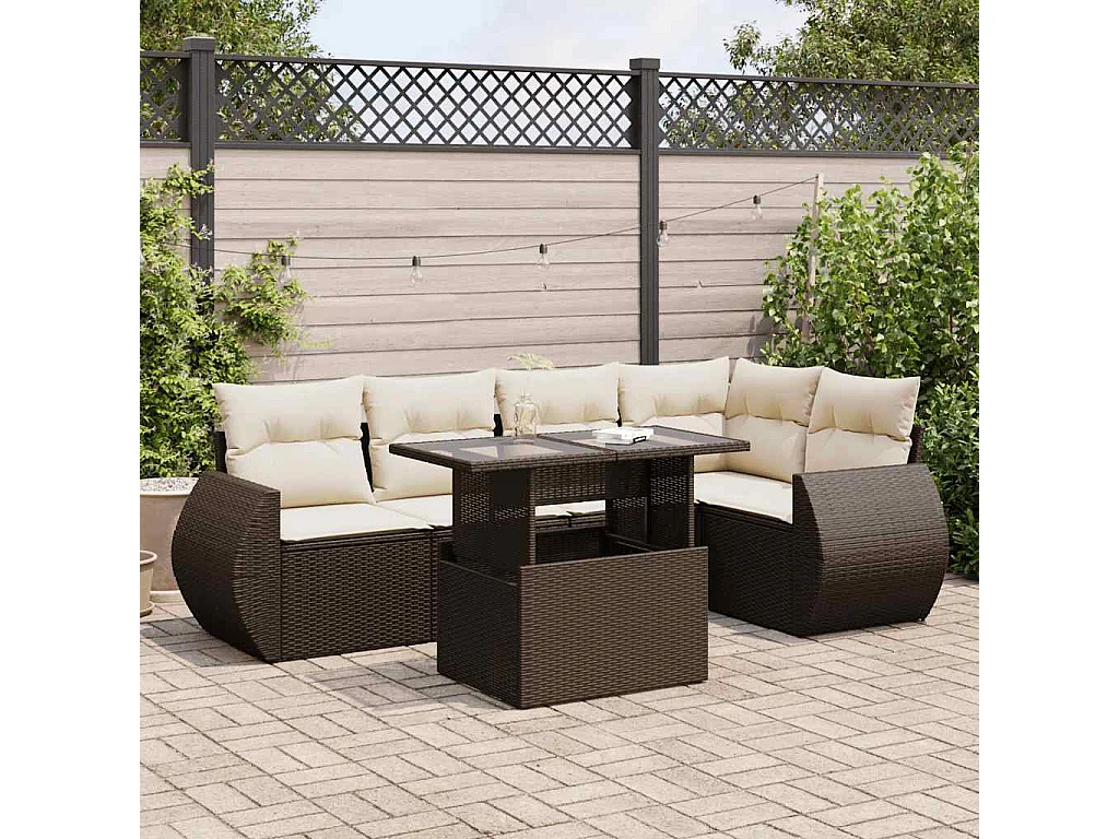 6-delige Loungeset met kussens poly rattan bruin