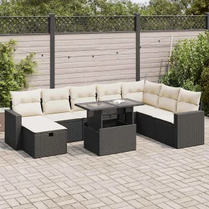 9-delige Loungeset met kussens poly rattan zwart 9-delige Loungeset met kussens poly rattan zwart