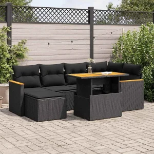 7-delige Loungeset met kussens poly rattan acacia zwart 7-delige Loungeset met kussens poly rattan acacia zwart