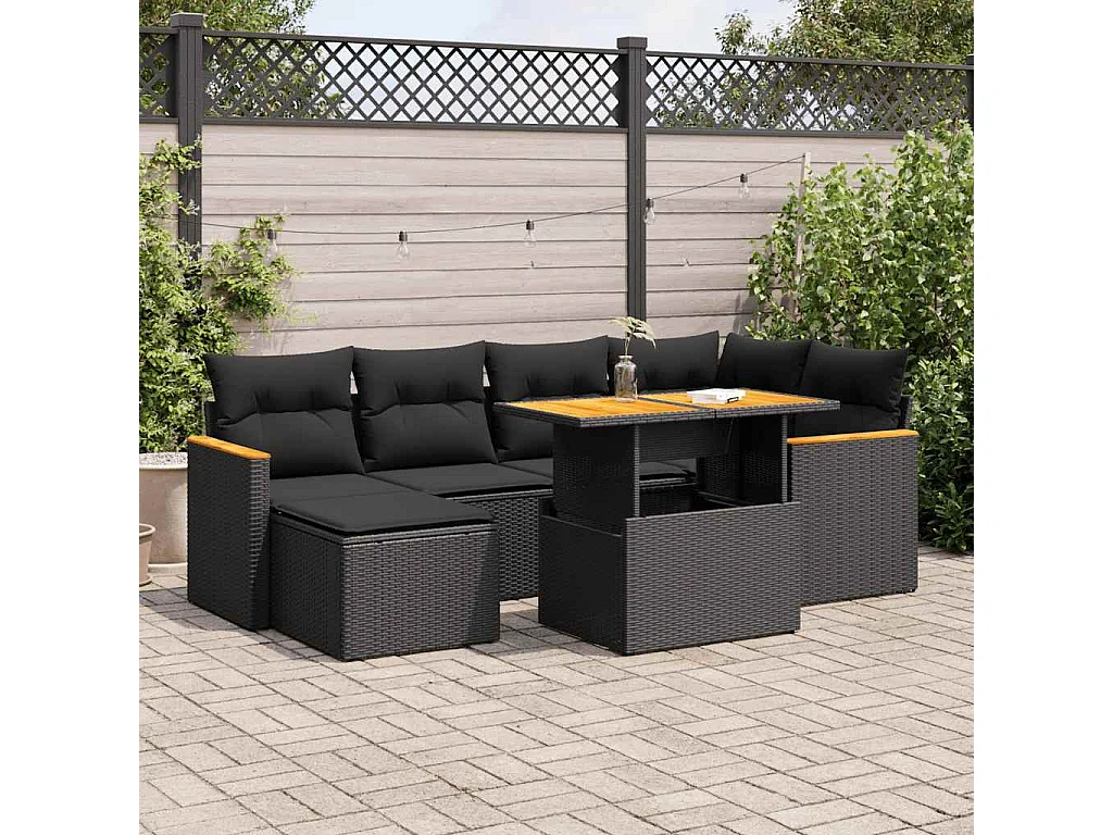 7-delige Loungeset met kussens poly rattan acacia zwart