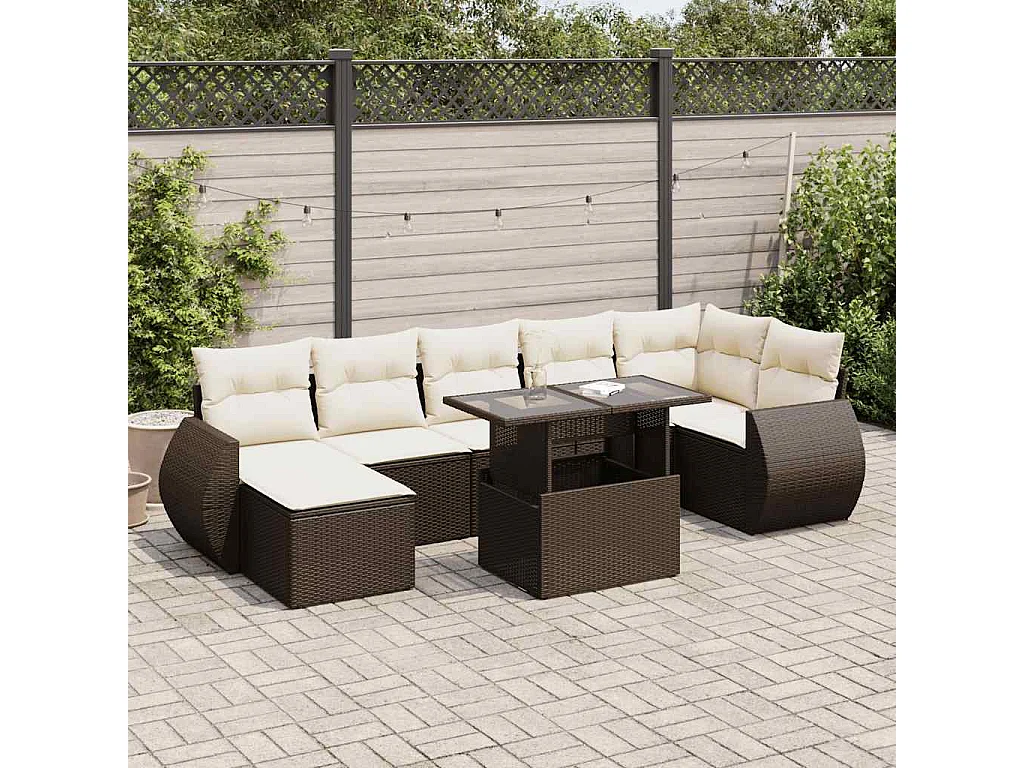 8-delige Loungeset met kussens poly rattan bruin
