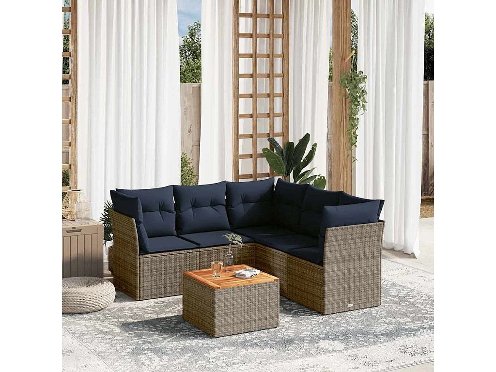 6-delige Loungeset met kussens poly rattan grijs