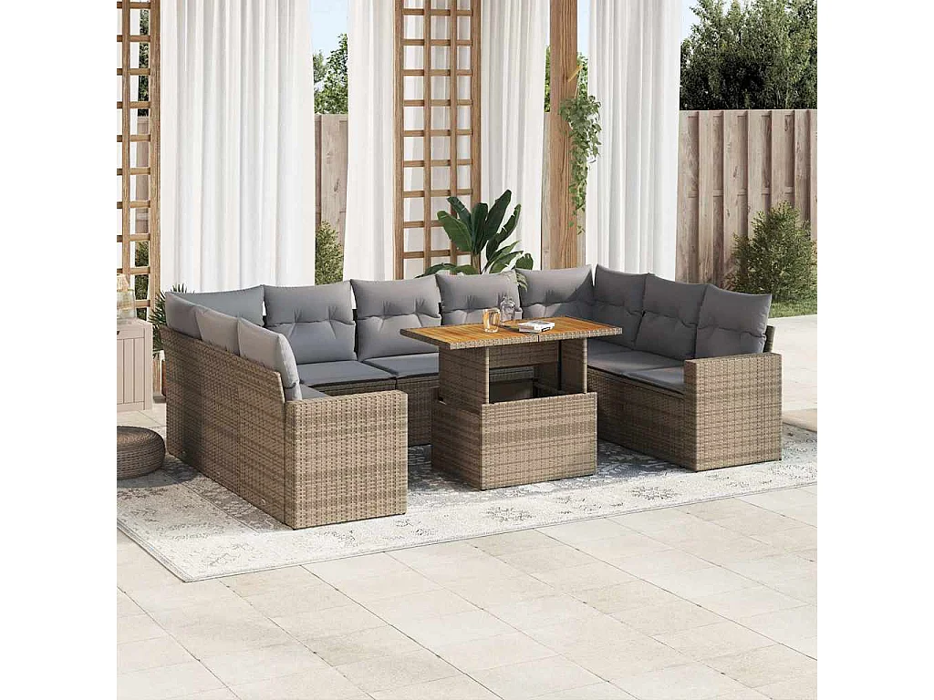 10-delige Loungeset met kussens poly rattan beige