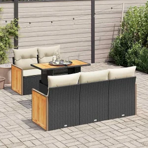 6-delige Loungeset met kussens poly rattan acacia zwart 6-delige Loungeset met kussens poly rattan acacia zwart