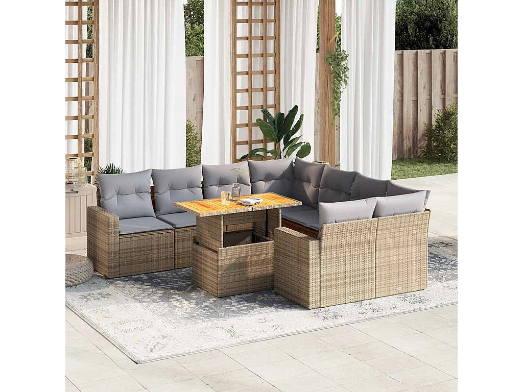 9-delige Loungeset met kussens poly rattan beige