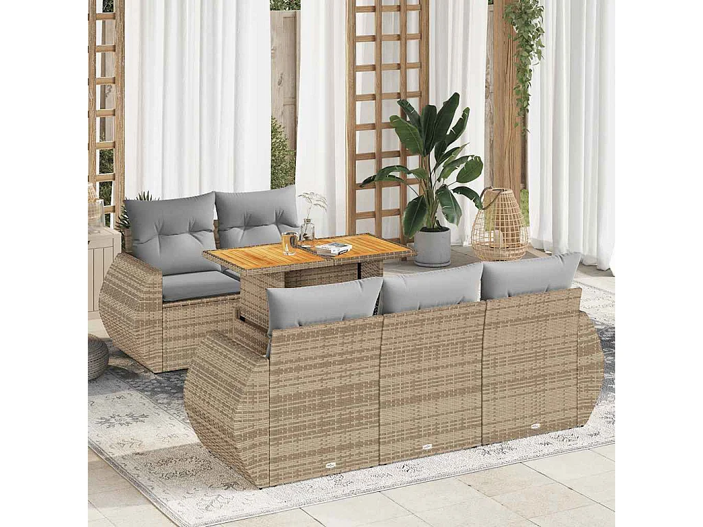 6-delige Loungeset met kussens poly rattan beige