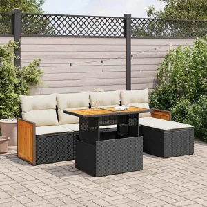 6-delige Loungeset met kussens poly rattan acacia zwart 6-delige Loungeset met kussens poly rattan acacia zwart