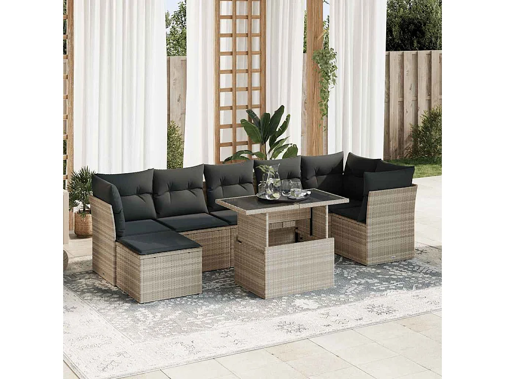 8-delige Loungeset met kussens poly rattan lichtgrijs