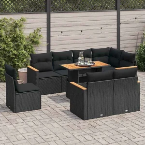 9-delige Loungeset met kussens poly rattan acacia zwart 9-delige Loungeset met kussens poly rattan acacia zwart