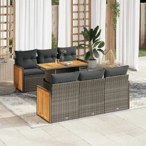 7-delige Loungeset met kussens poly rattan acacia grijs 7-delige Loungeset met kussens poly rattan acacia grijs