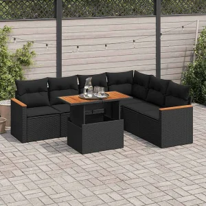 7-delige Loungeset met kussens poly rattan acacia zwart 7-delige Loungeset met kussens poly rattan acacia zwart