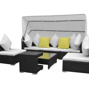 7-delige Loungeset met luifel poly rattan zwart 7-delige Loungeset met luifel poly rattan zwart