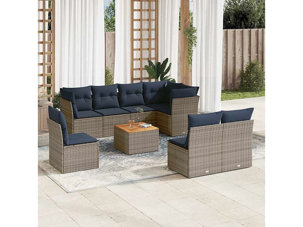 9-delige Loungeset met kussens poly rattan grijs
