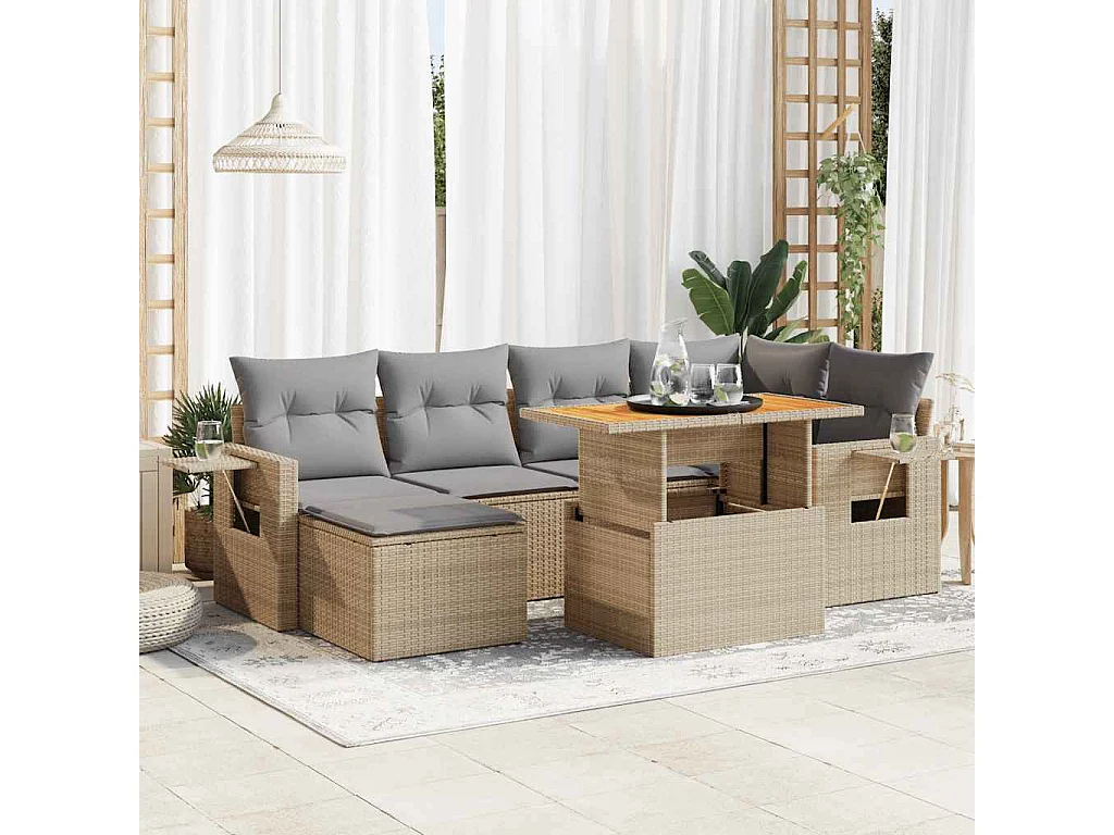 7-delige Loungeset met kussens poly rattan beige