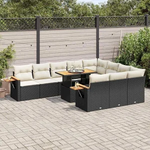 11-delige Loungeset met kussens poly rattan acacia zwart 11-delige Loungeset met kussens poly rattan acacia zwart