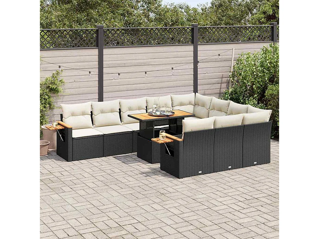 11-delige Loungeset met kussens poly rattan acacia zwart