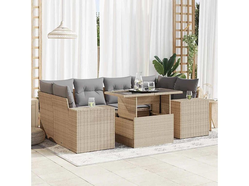 7-delige Loungeset met kussens poly rattan beige