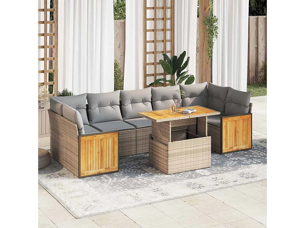 8-delige Loungeset met kussens poly rattan acacia beige