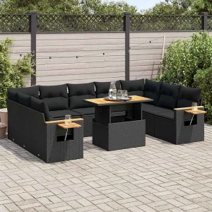 10-delige Loungeset met kussens poly rattan acacia zwart 10-delige Loungeset met kussens poly rattan acacia zwart
