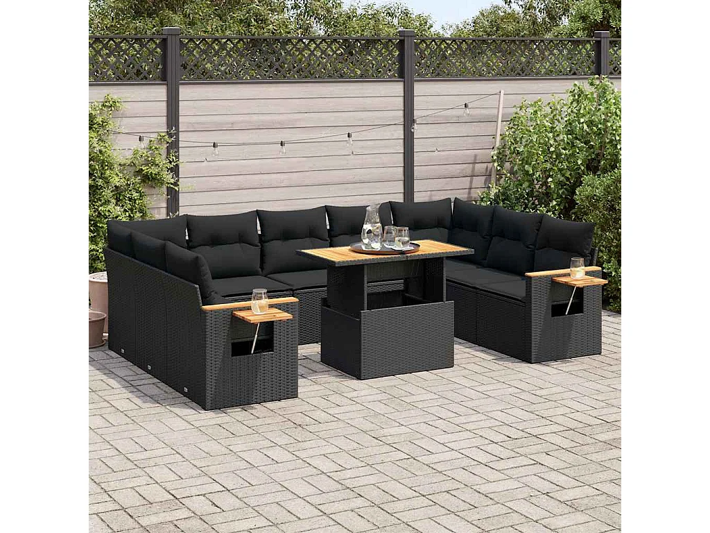 10-delige Loungeset met kussens poly rattan acacia zwart