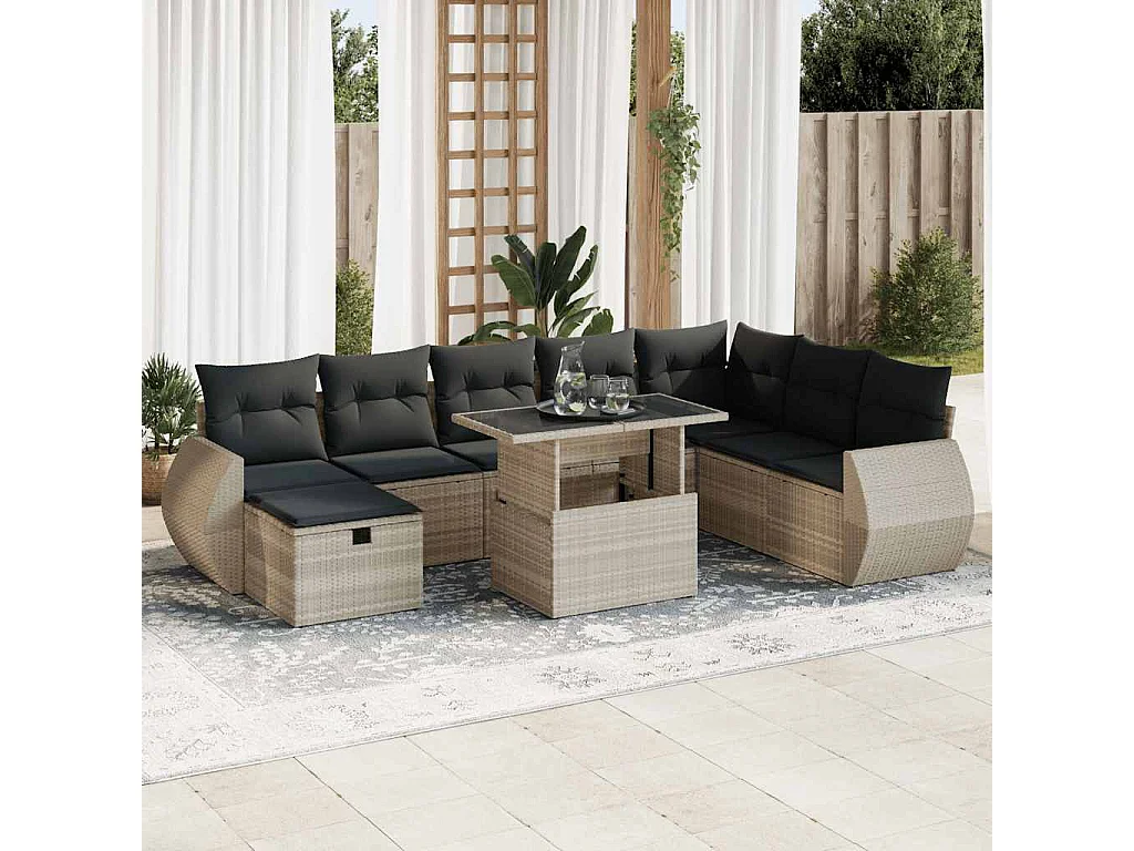 9-delige Loungeset met kussens poly rattan lichtgrijs